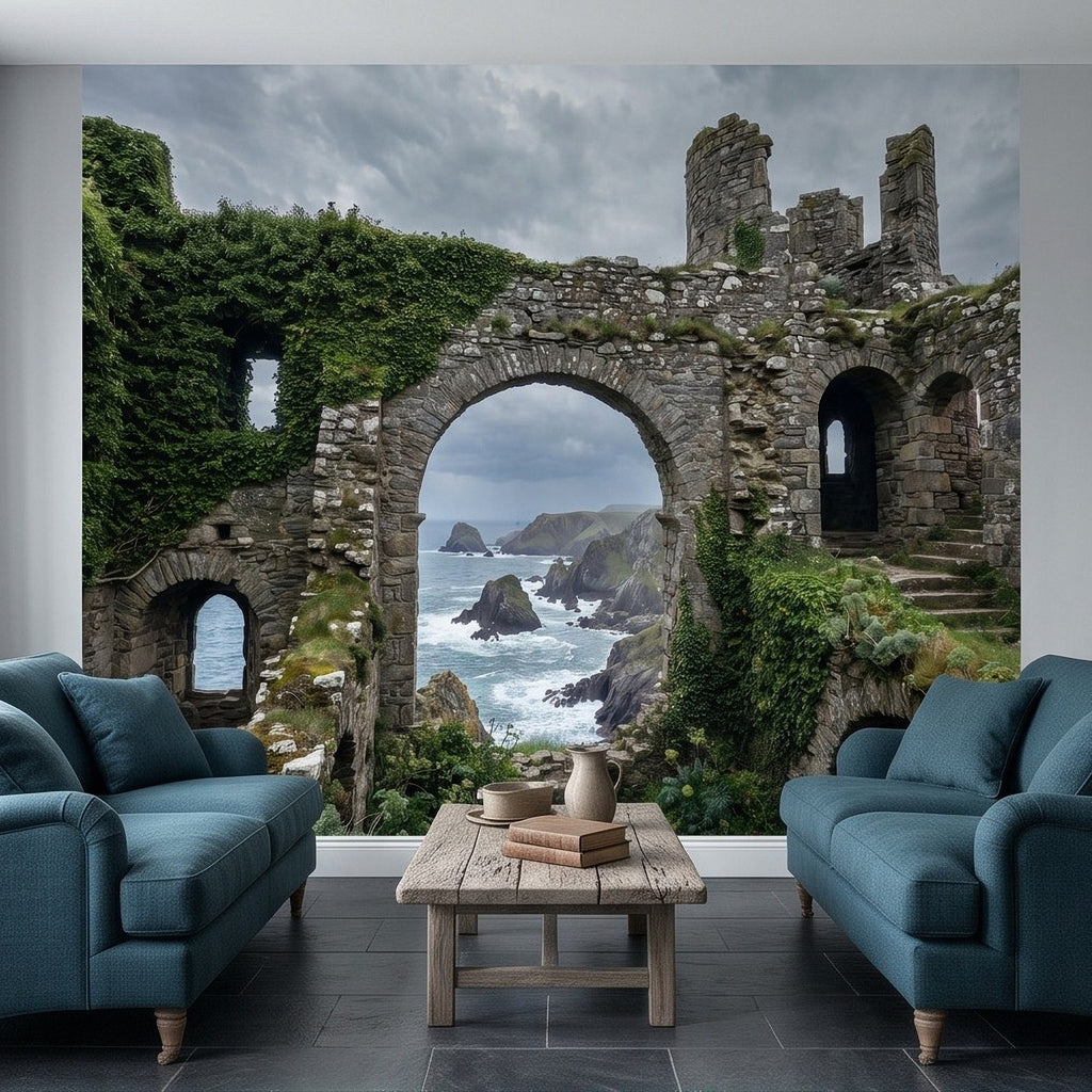 Wall mural centered on a stone arch framing ocean waves and distant rocky headlands