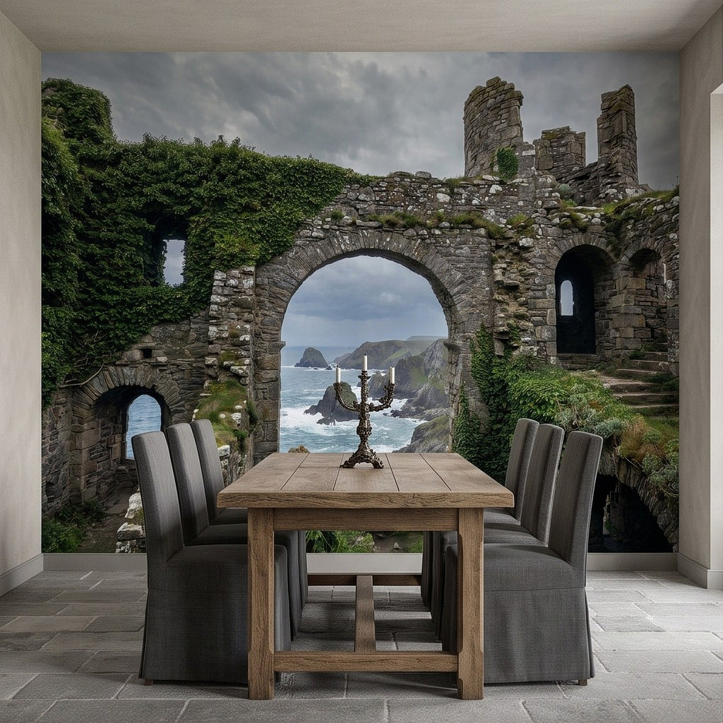 Wall mural with stone arch entrance, fortress towers, and sea surf in the center