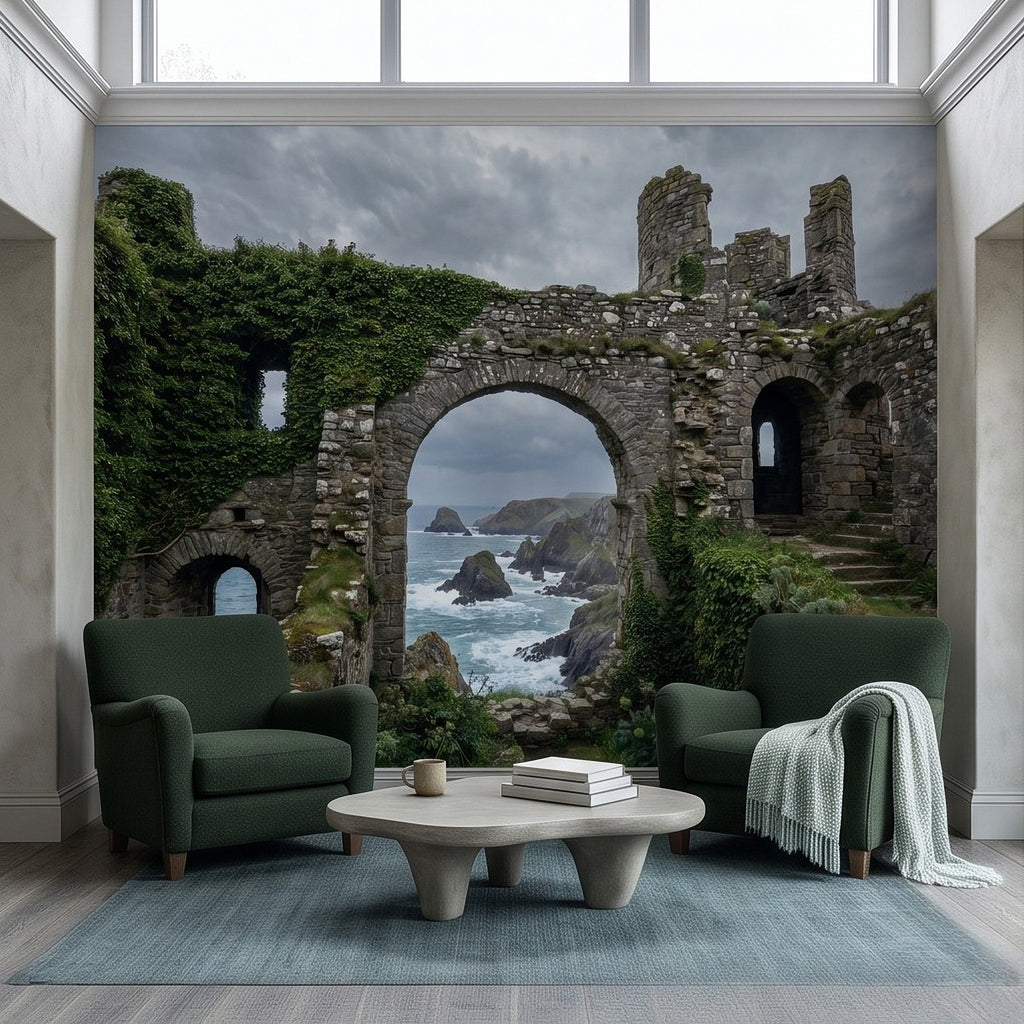 Wall mural showing rugged medieval ruins with archway framed view of the ocean
