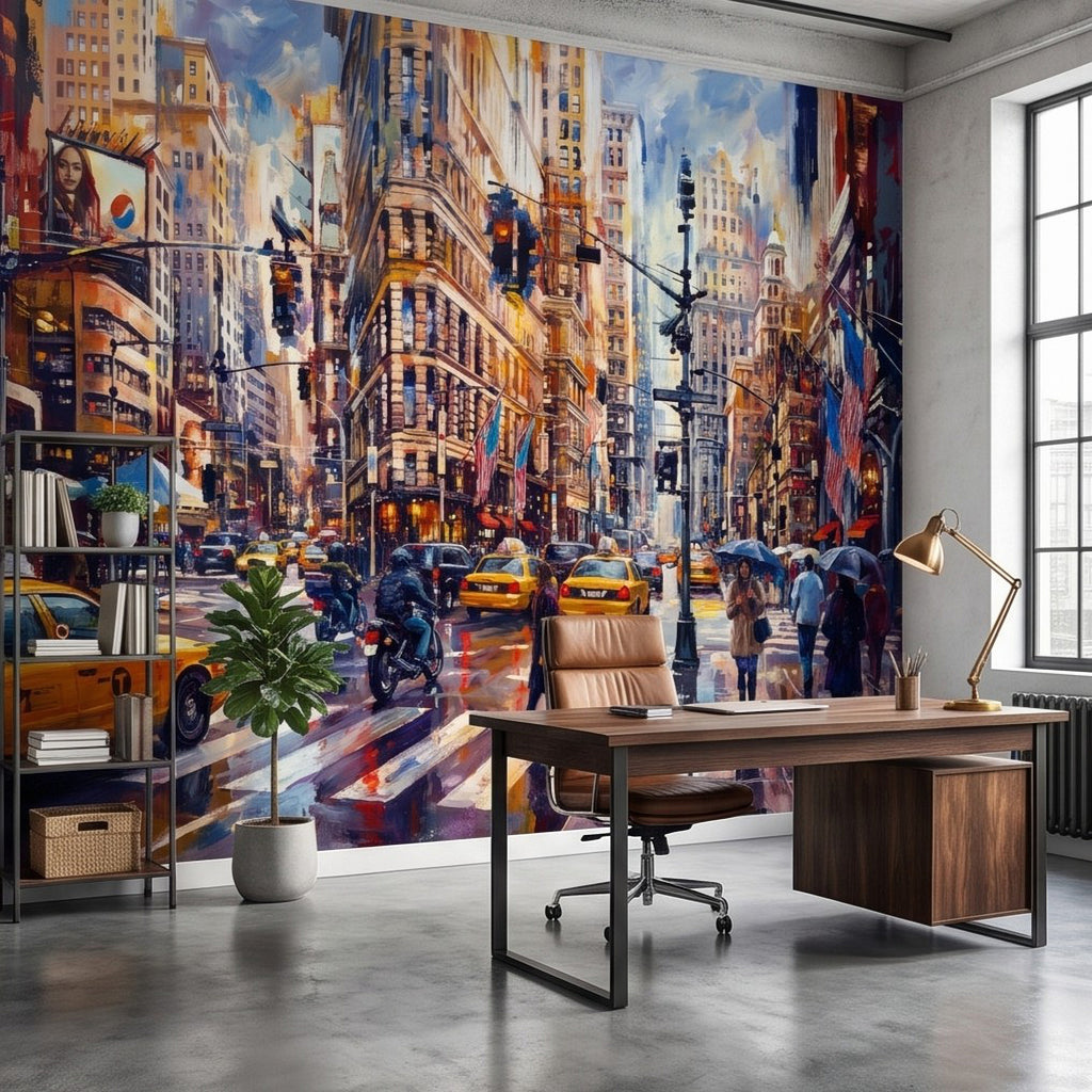 City street wall mural with yellow taxis, tall buildings, and rainy umbrellas