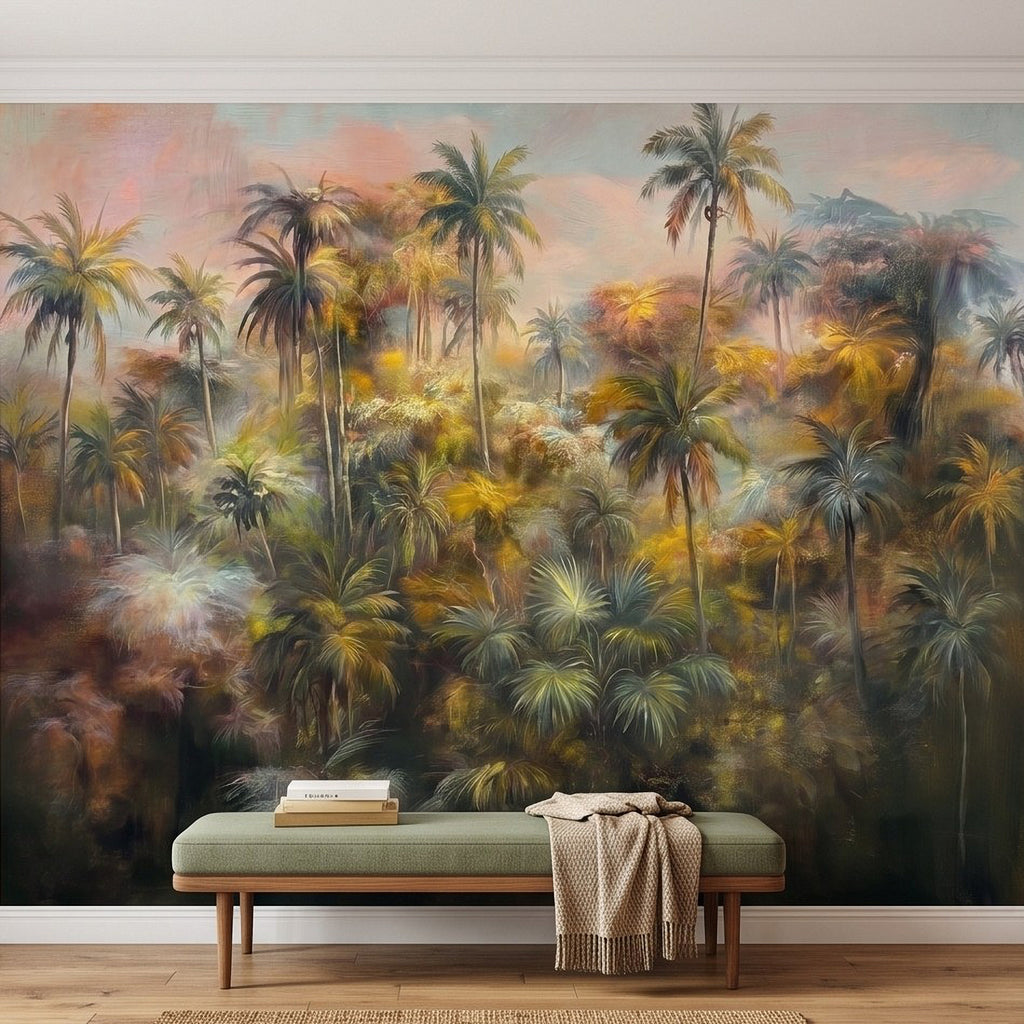 Tropical palm jungle wall mural with layered foliage and warm sunset sky