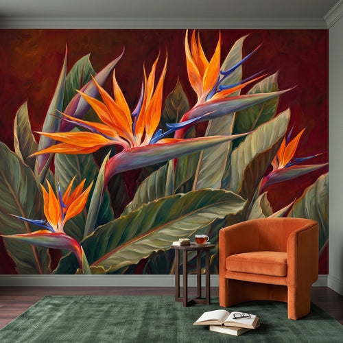 Bird of paradise mural with vivid orange flowers, blue highlights, and dark burgundy backdrop
