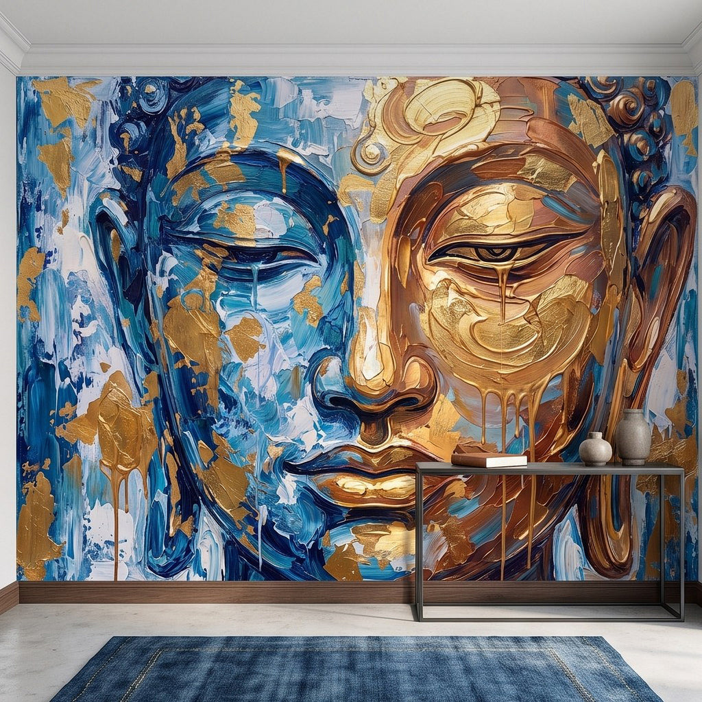 Large Buddha face wall mural with blue and bronze-gold swirls, centered above console