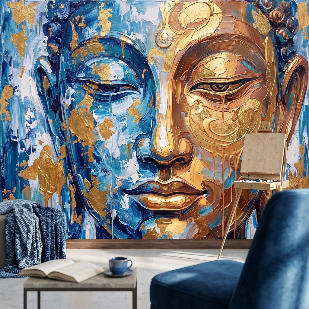 Buddha face wall mural detail, blue and bronze-gold tones with sculpted painterly relief