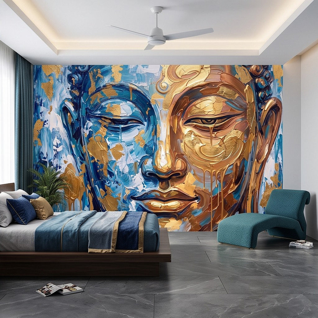 Blue-and-gold Buddha face mural on a living room wall above a sofa.