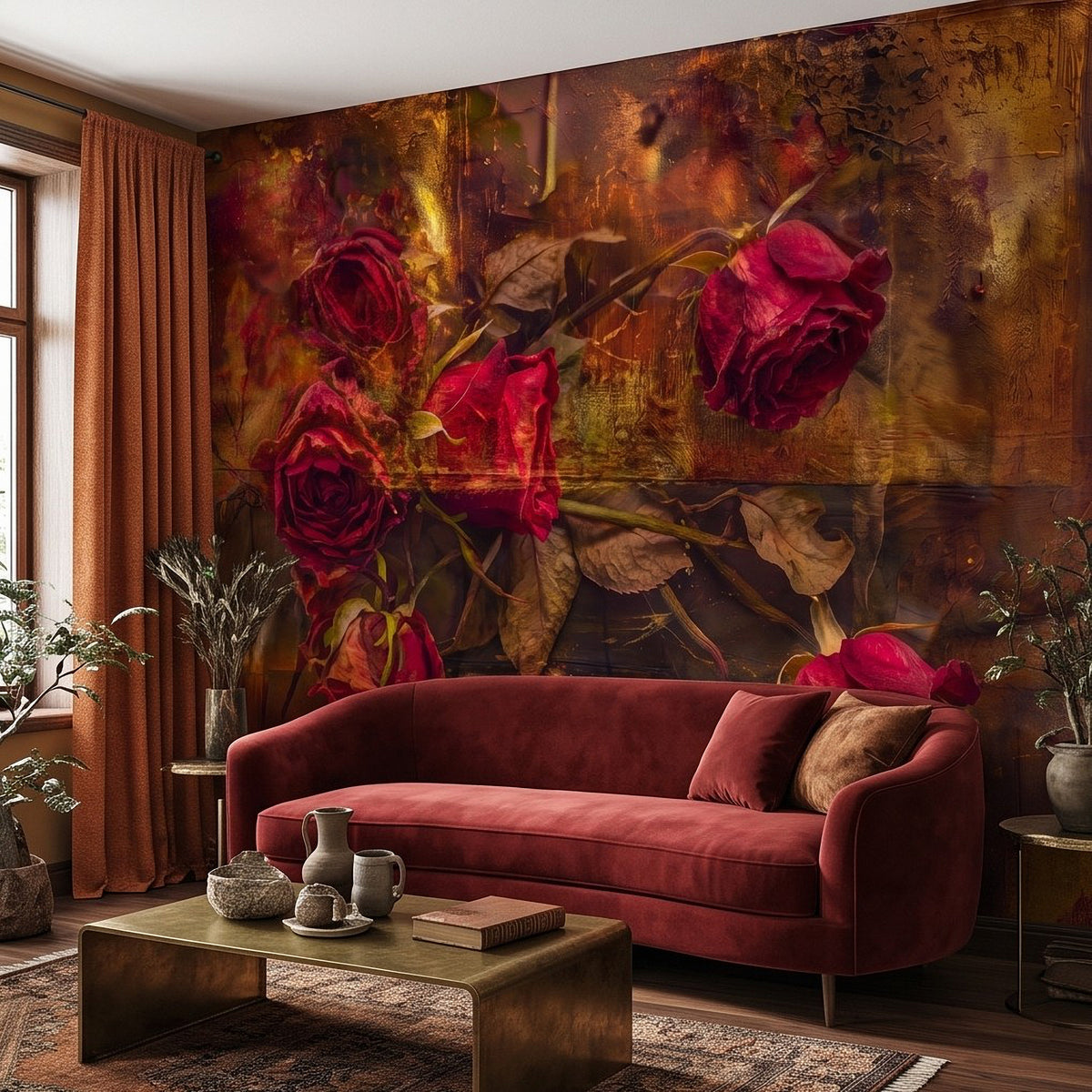 Rose floral wall mural with burgundy roses above red sofa and decorative pillows