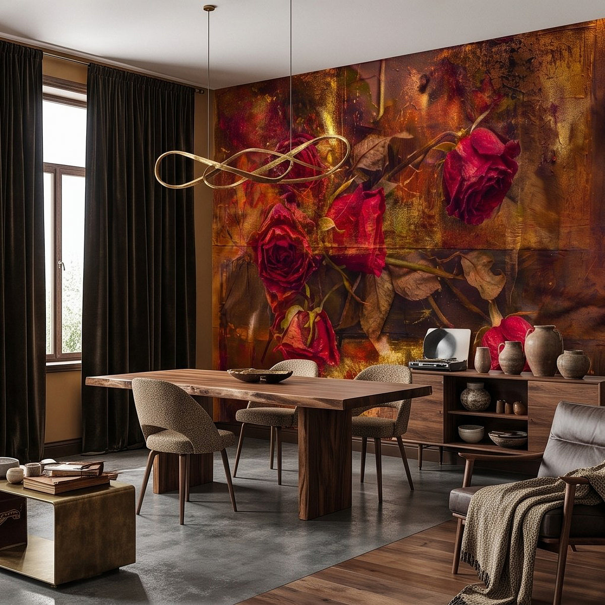 Romantic rose floral wall mural in dining room, burgundy roses on warm distressed background