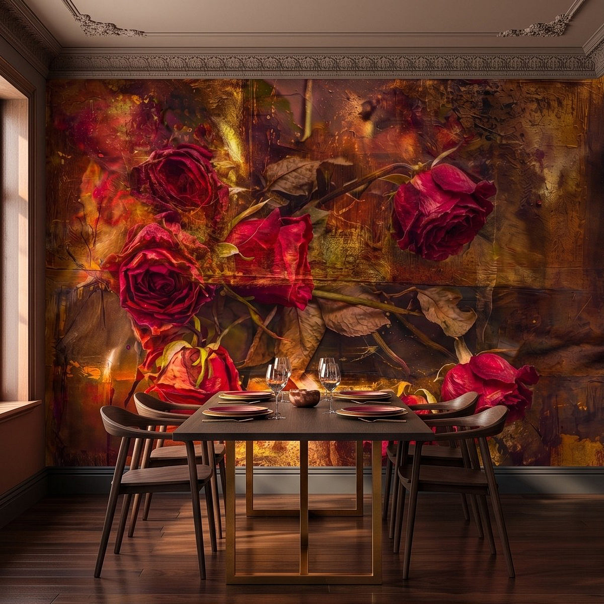 Vintage rose floral wall mural with burgundy roses and distressed botanical backdrop