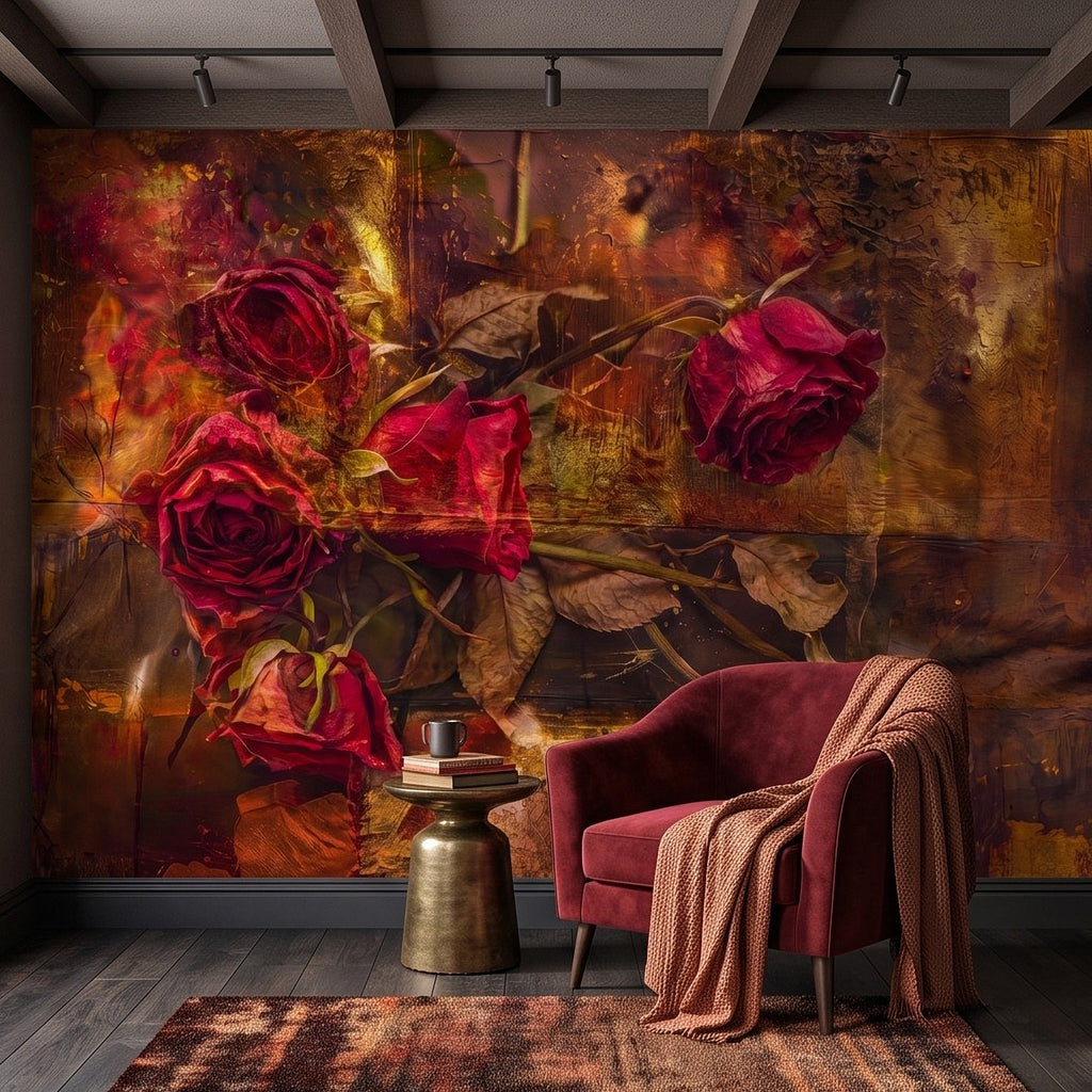 Red rose floral wall mural with distressed gold-brown texture and dark burgundy blooms