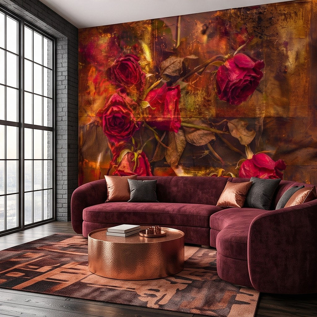 Red rose botanical wall mural with distressed amber backdrop and ornate rose cluster
