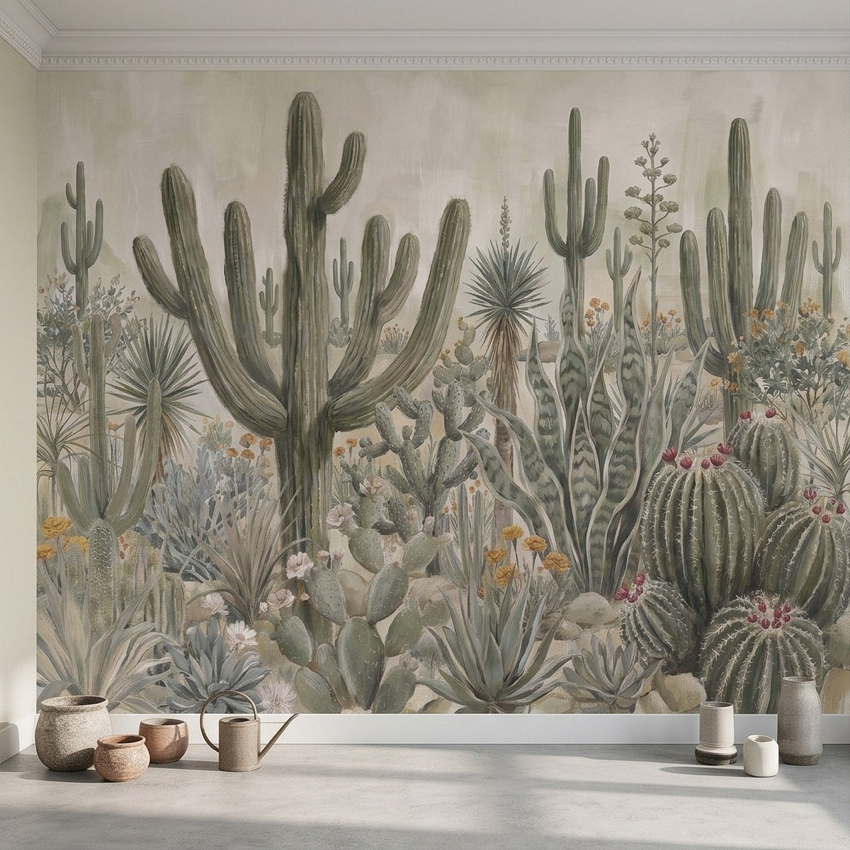 Desert cactus wall mural with potted decor on the floor against the wall
