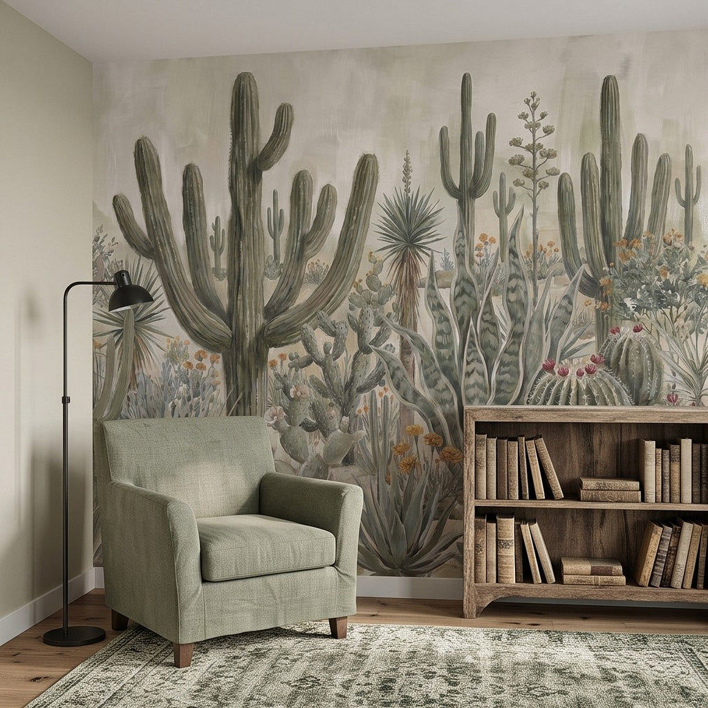 Southwestern desert cactus botanical wall mural with layered saguaro, agave, and small flowers