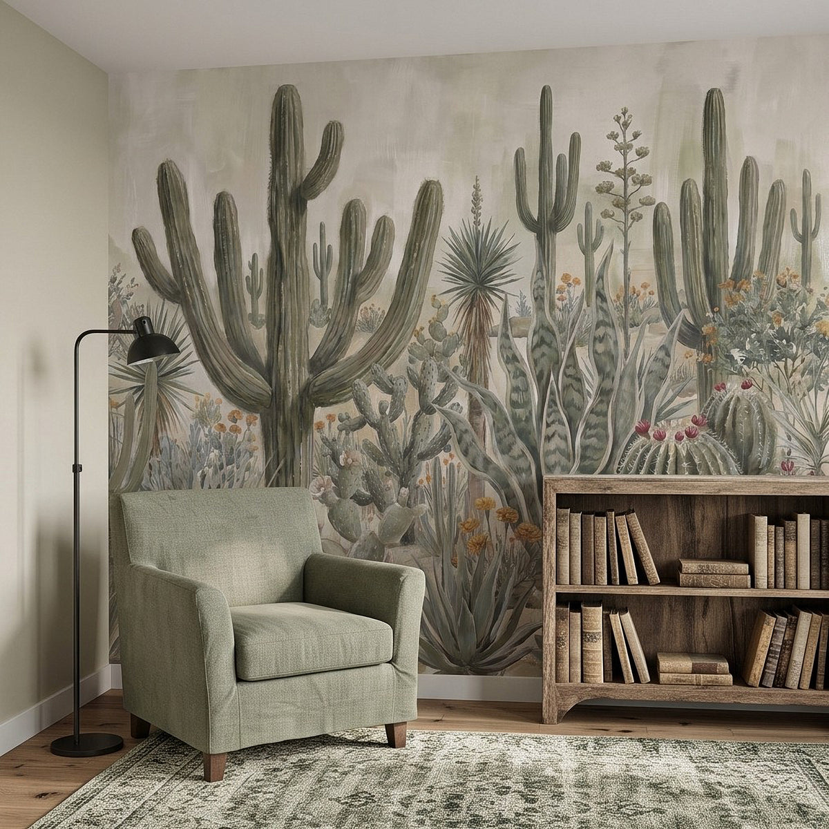 Southwestern desert cactus botanical wall mural with layered saguaro, agave, and small flowers