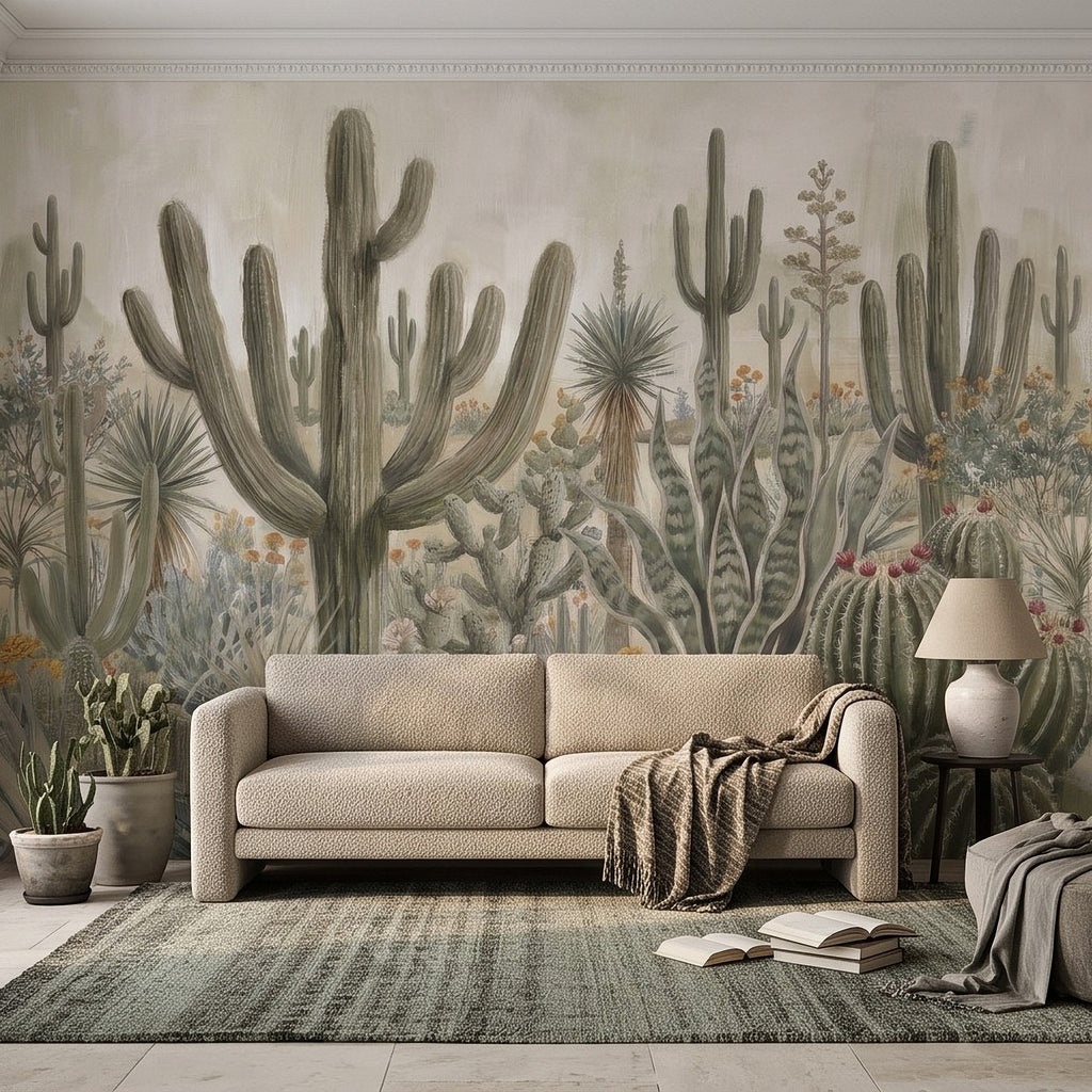 Desert botanical wall mural showing saguaro cacti, agave rosettes, and desert wildflowers