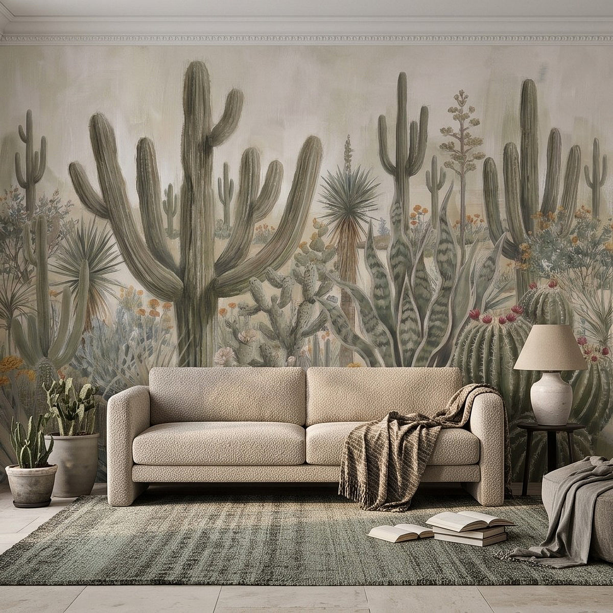 Desert botanical wall mural showing saguaro cacti, agave rosettes, and desert wildflowers