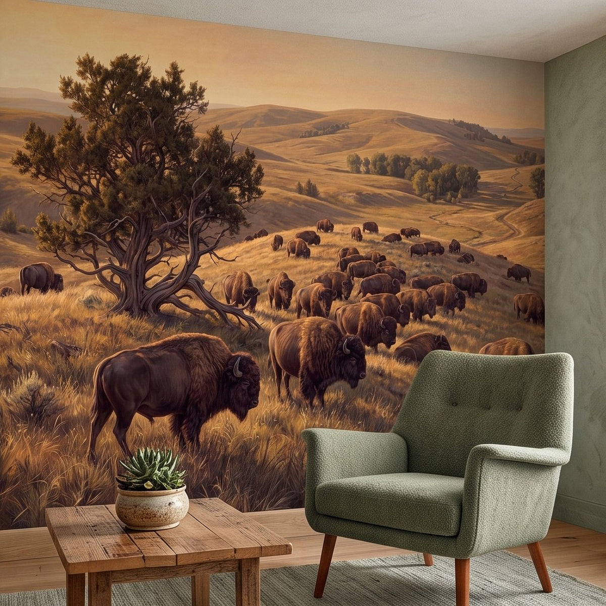 Buffalo herd prairie wall mural with large tree and rolling hills