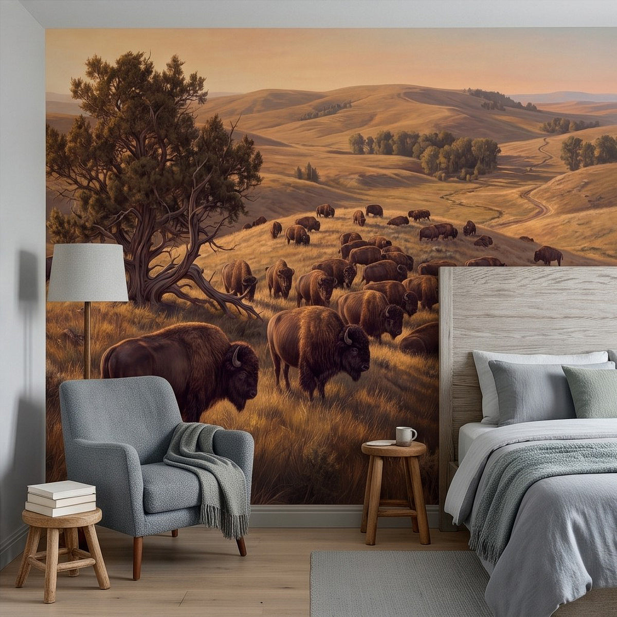 Buffalo herd prairie landscape wall mural spanning a bedroom wall