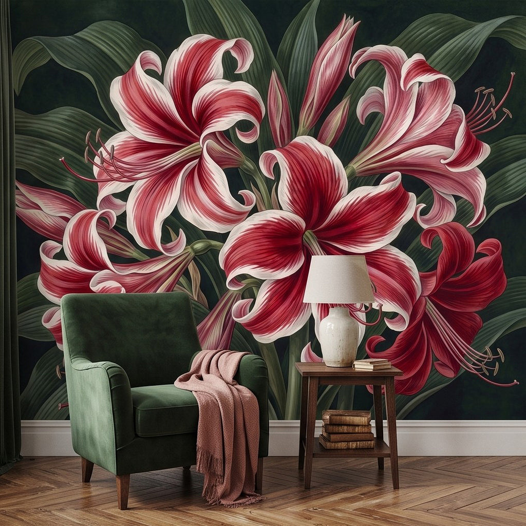 Red-and-white lily wall mural with dark green leaves behind a green armchair.