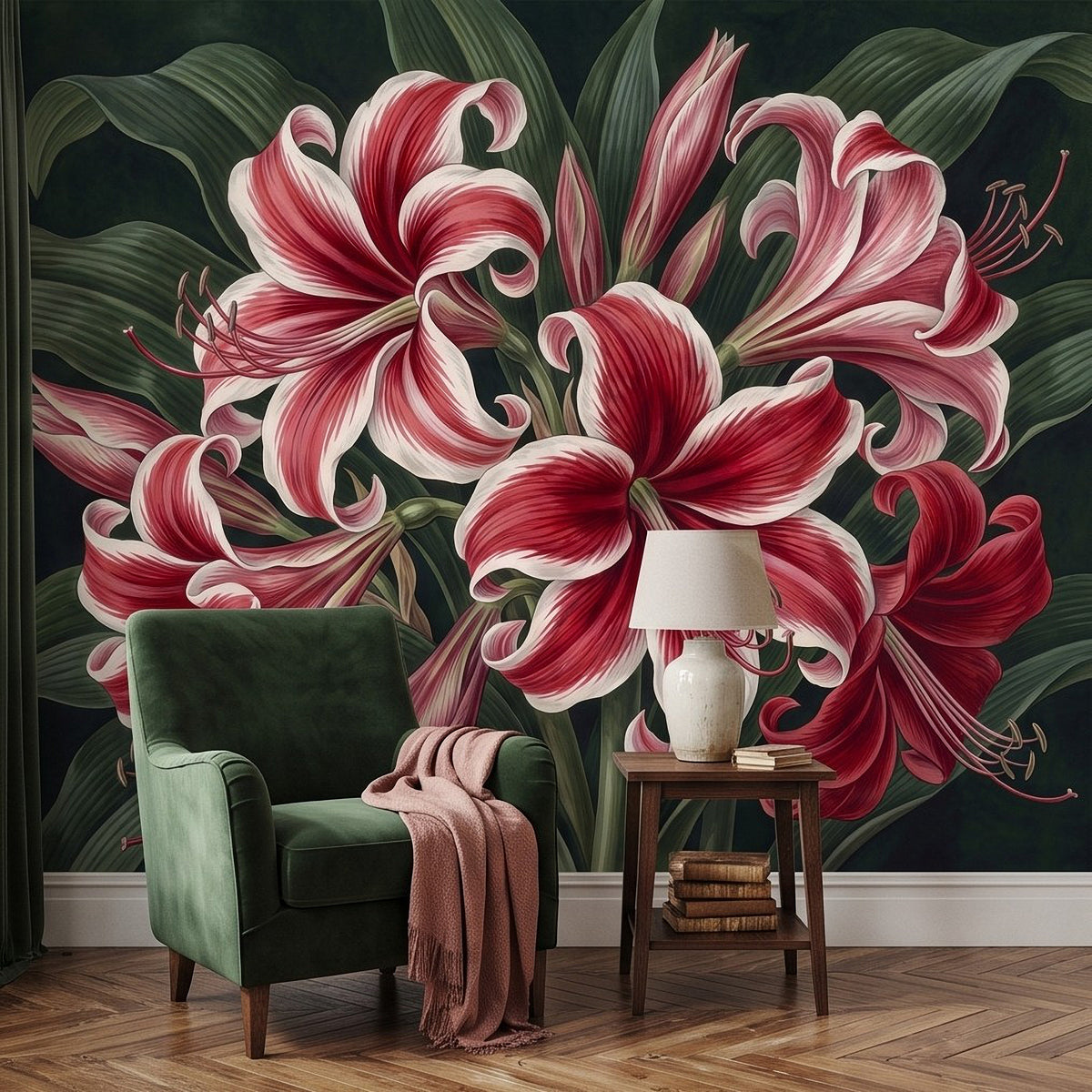 Red-and-white lily wall mural with dark green leaves behind a green armchair.