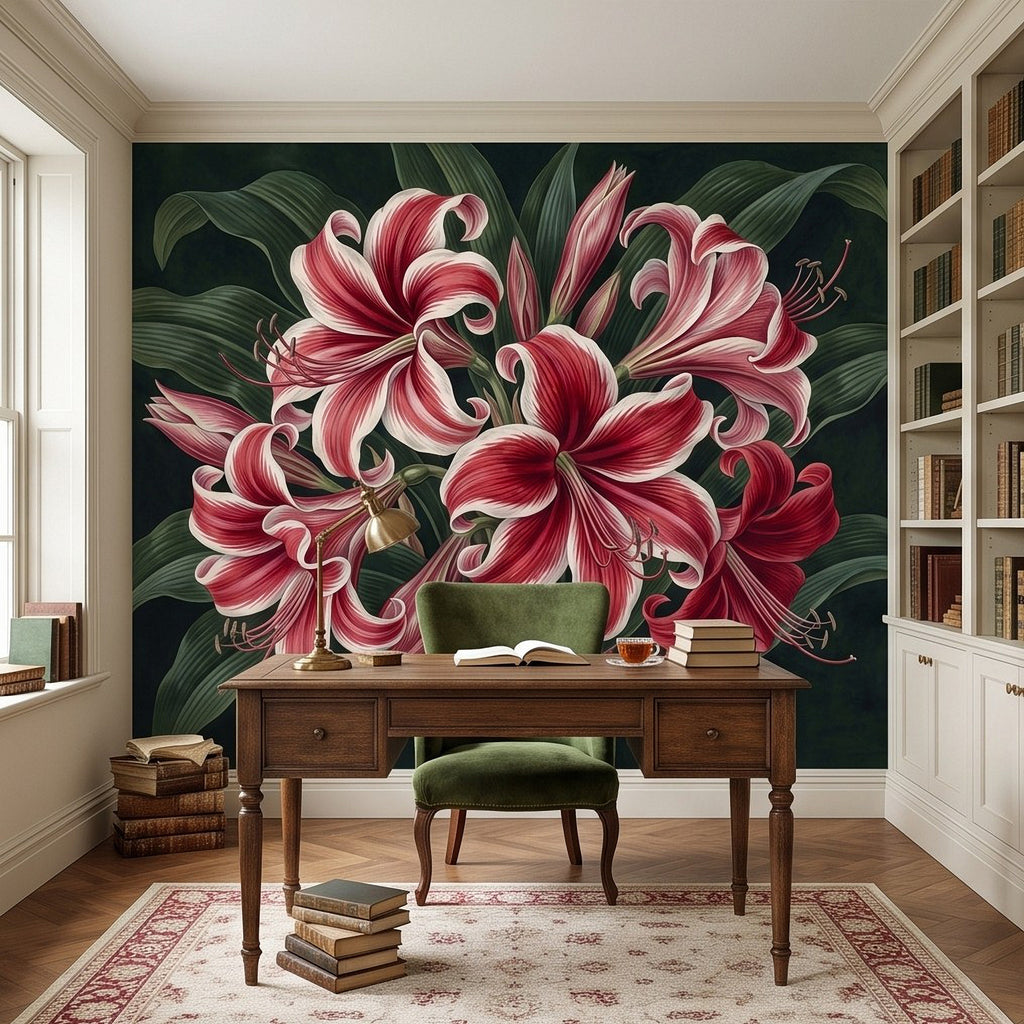 Wall mural featuring oversized red-striped lilies on dark green foliage.