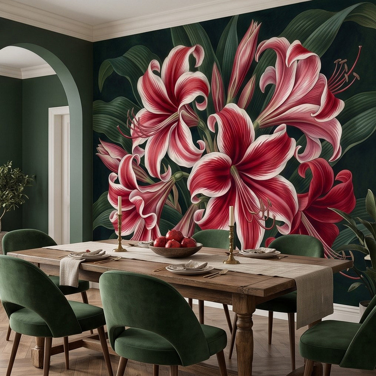 Red-and-white lily flower wall mural with dark green leaves filling the feature wall.