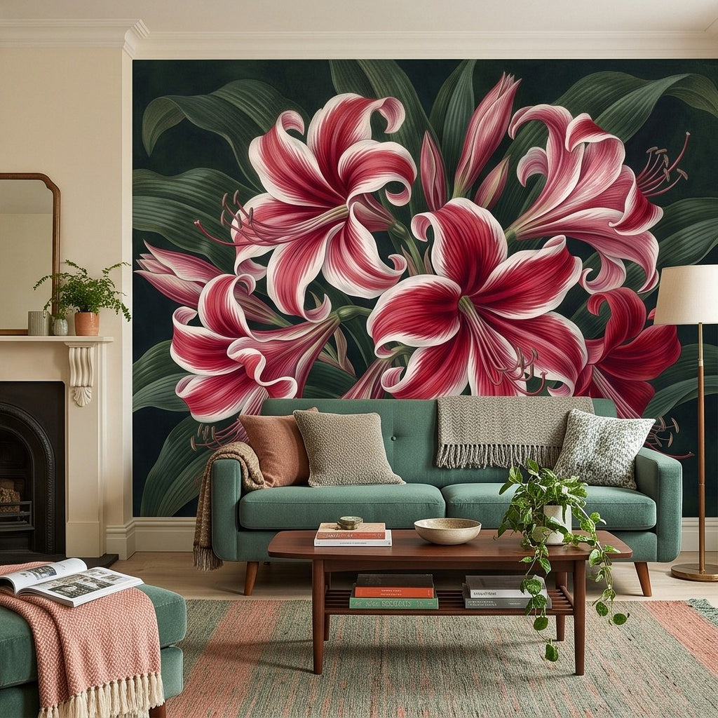 Wall mural showing overlapping red-striped lilies with dark green foliage filling the wall.