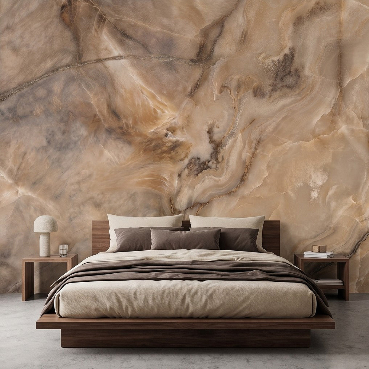 Beige faux stone wall mural featuring flowing cream and brown marble veining behind a bed