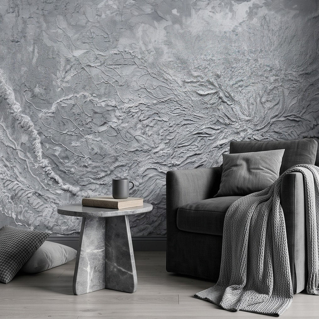 Gray botanical plaster relief wall mural with rosette-like raised flower texture