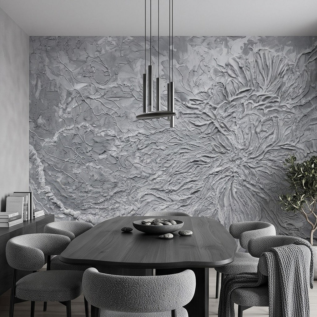 Gray plaster floral relief wall mural with sculpted botanical impasto texture