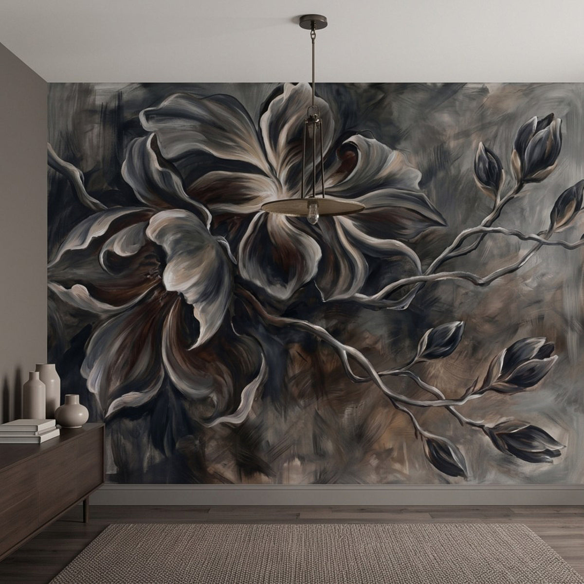 Botanical wall mural close view of magnolia blossom and dark vine-like branches
