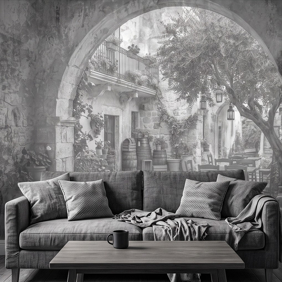 Vintage courtyard wall mural with stone arch, courtyard trees, and hanging lanterns