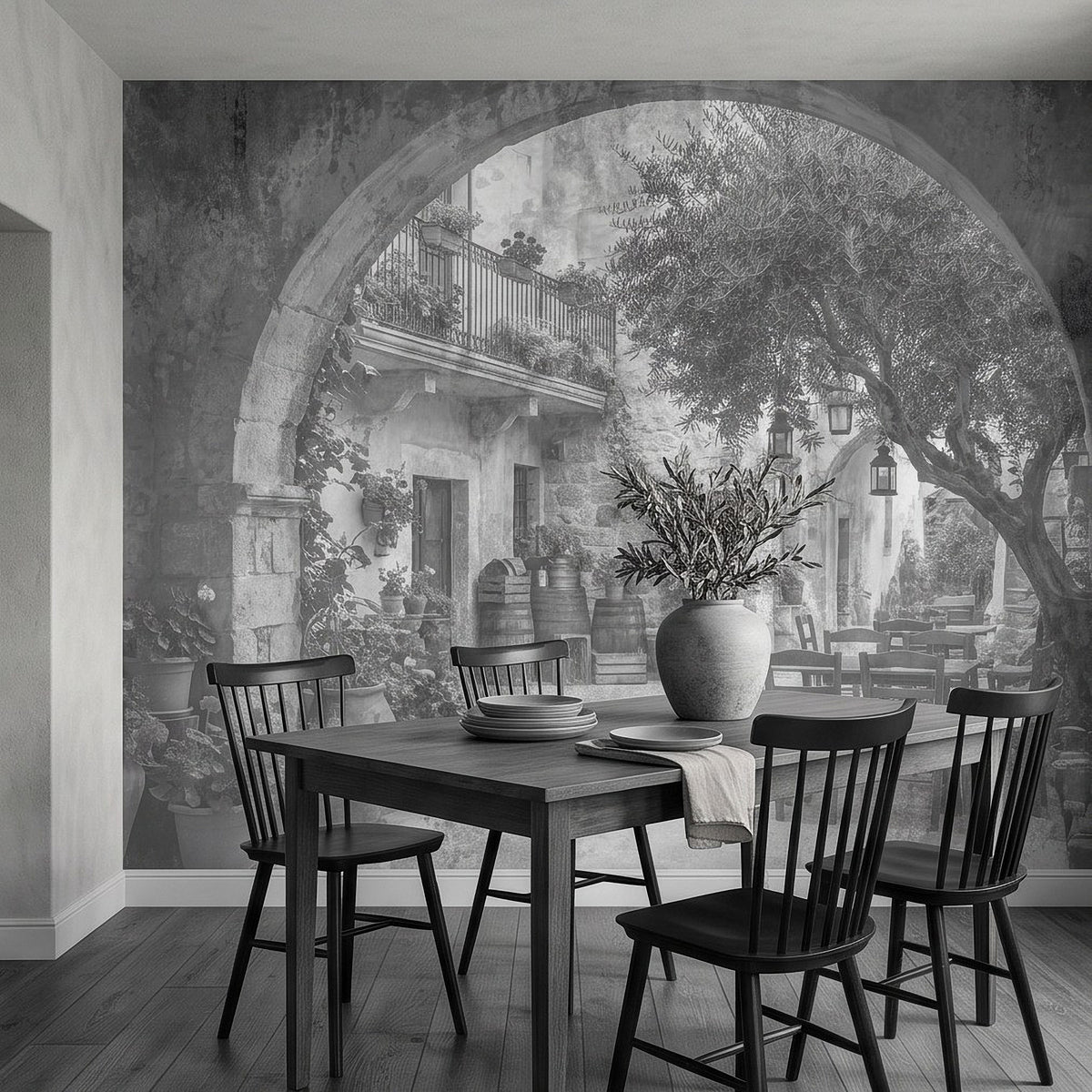 Stone arch courtyard mural with patio dining table, chairs, and potted greenery