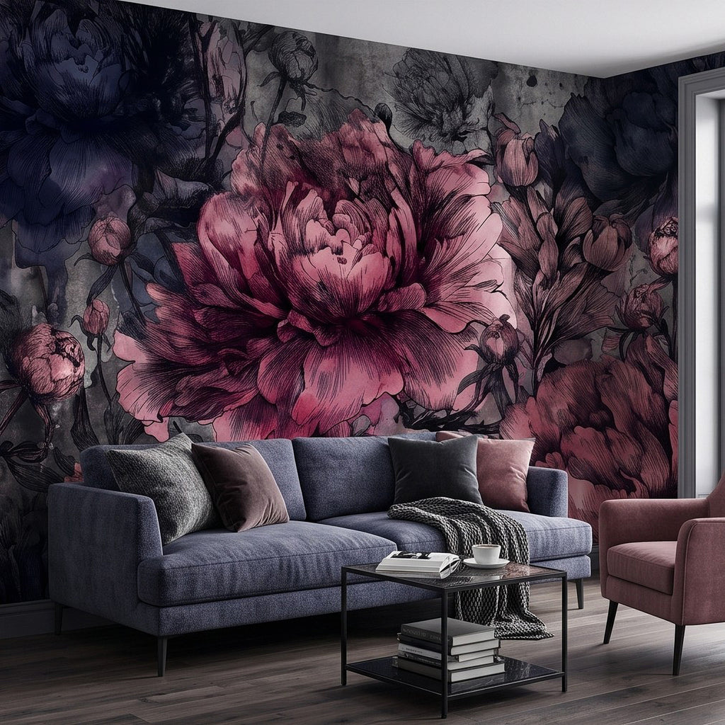 Close wall mural view: large pink peony and dark botanical leaves, dramatic floral style.