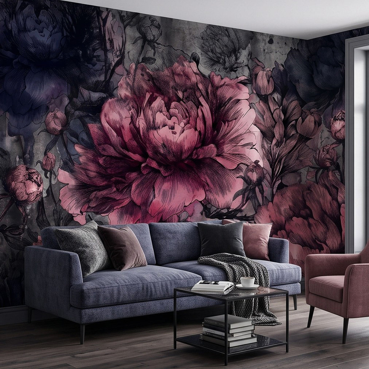 Close wall mural view: large pink peony and dark botanical leaves, dramatic floral style.