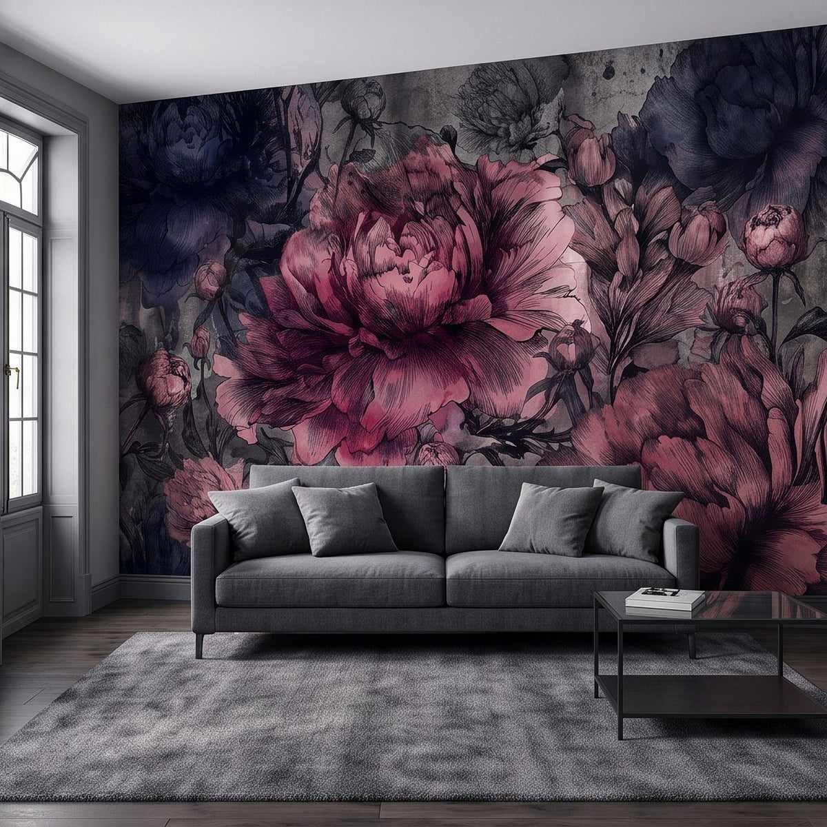 Floral wall mural with large pink peonies on dark navy and plum background