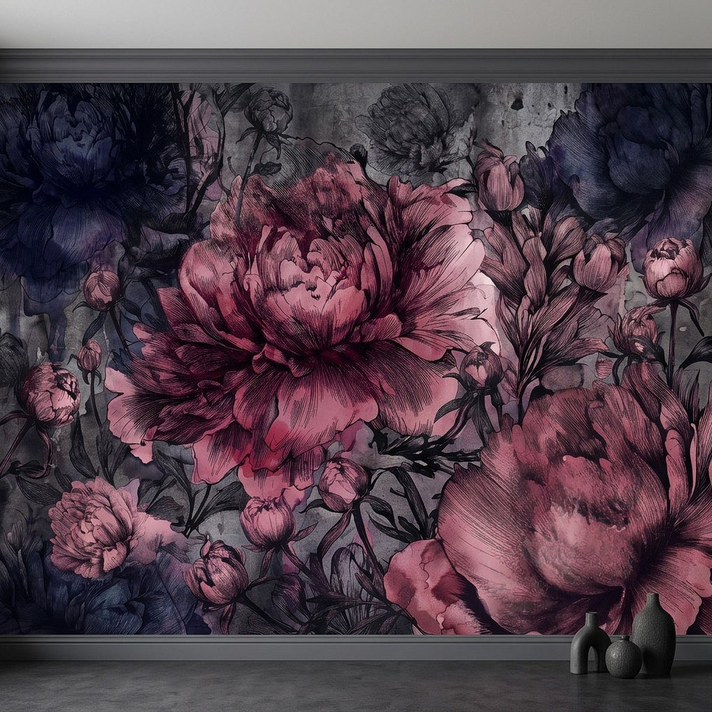 Close-up floral wall mural with pink peonies and dark shaded foliage