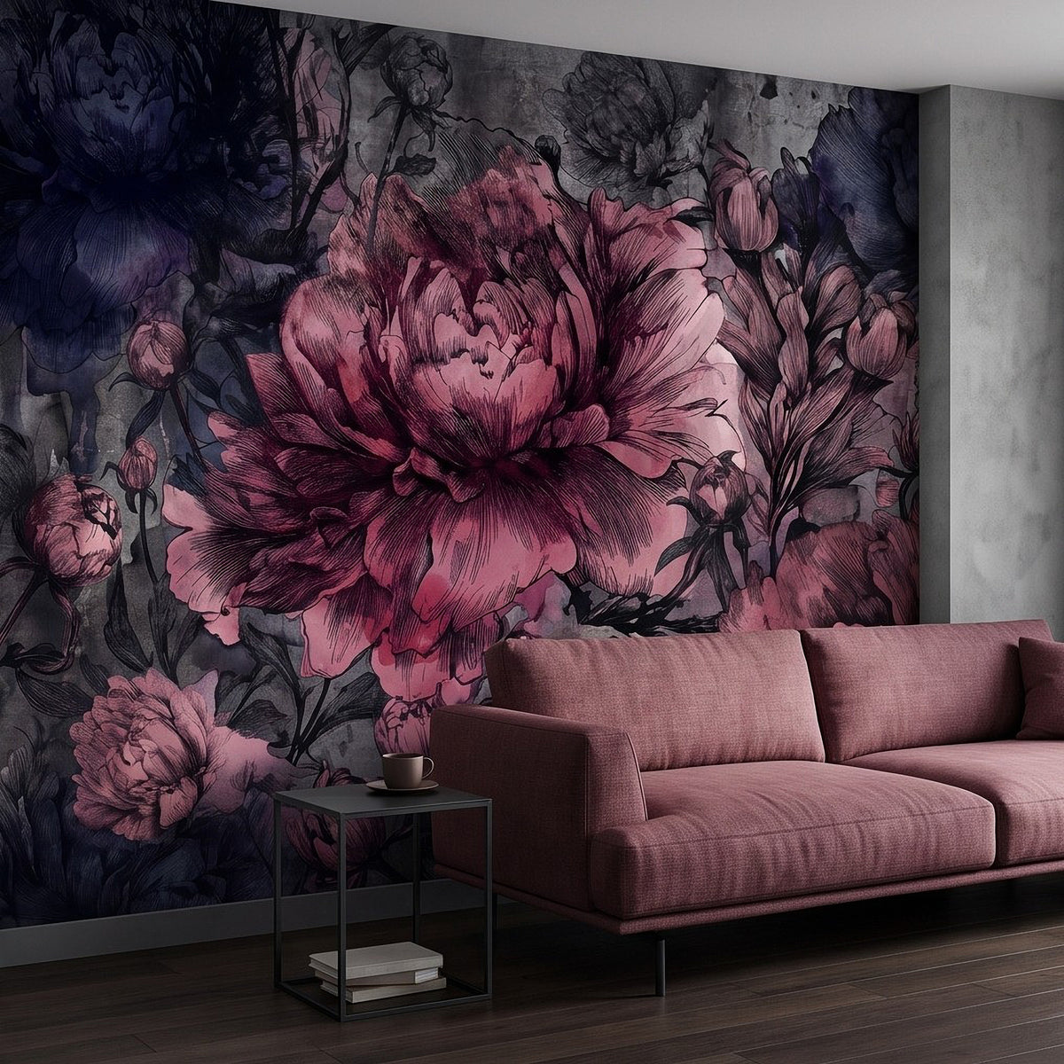 Dark floral peony wall mural featuring large pink blooms and dense leafy pattern.