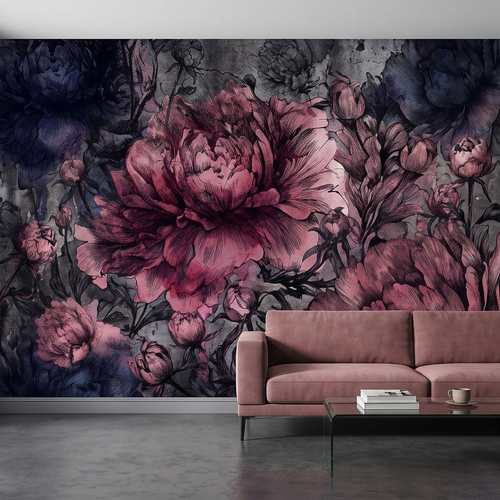 Wall mural design with big pink peony and dark gray-blue foliage, vintage botanical look.