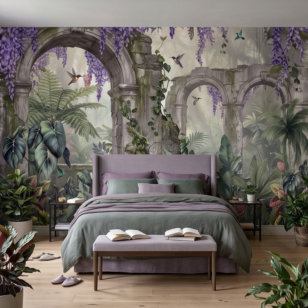 Botanical wall mural featuring stone archways, climbing vines, and purple wisteria flowers