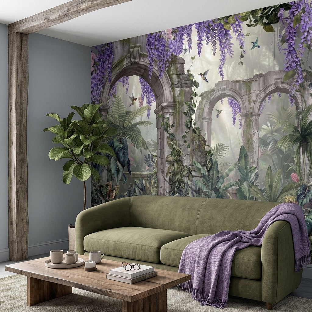 Tropical jungle wall mural with large stone arches, purple wisteria garlands, birds in flight