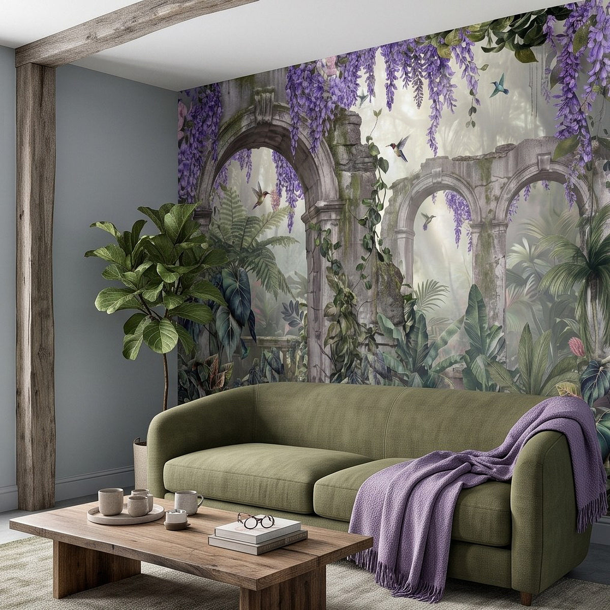 Tropical jungle wall mural with large stone arches, purple wisteria garlands, birds in flight