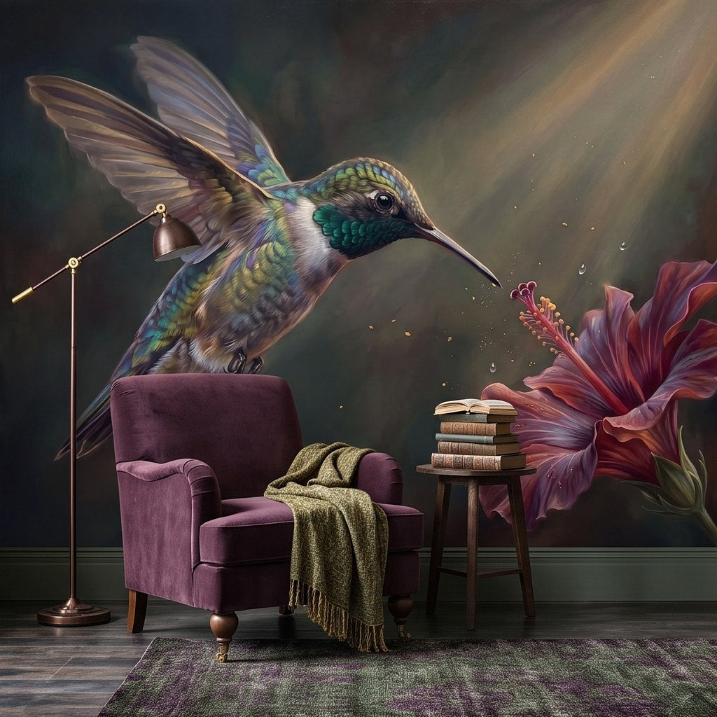Tropical wall mural close-up of a hummingbird with red hibiscus blossoms