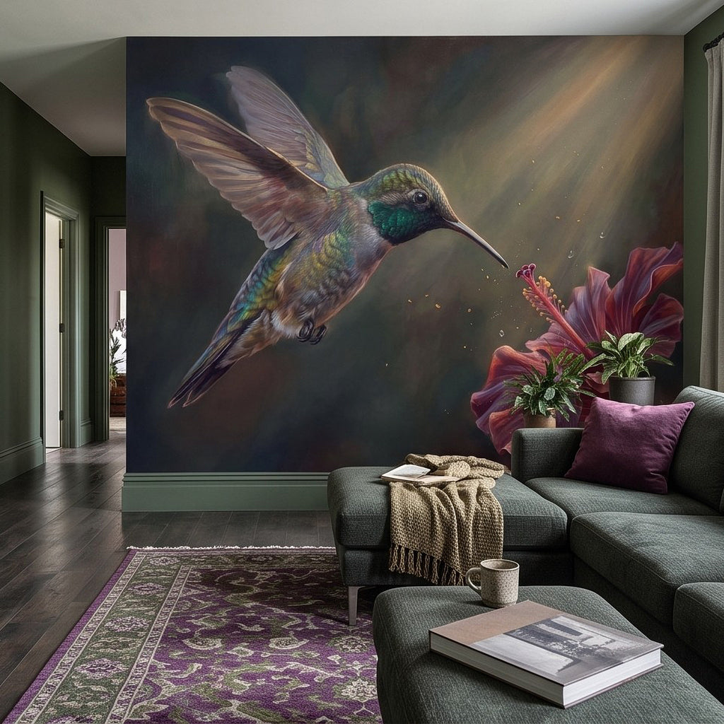 Hummingbird and hibiscus mural artwork spanning a large wall in a living room