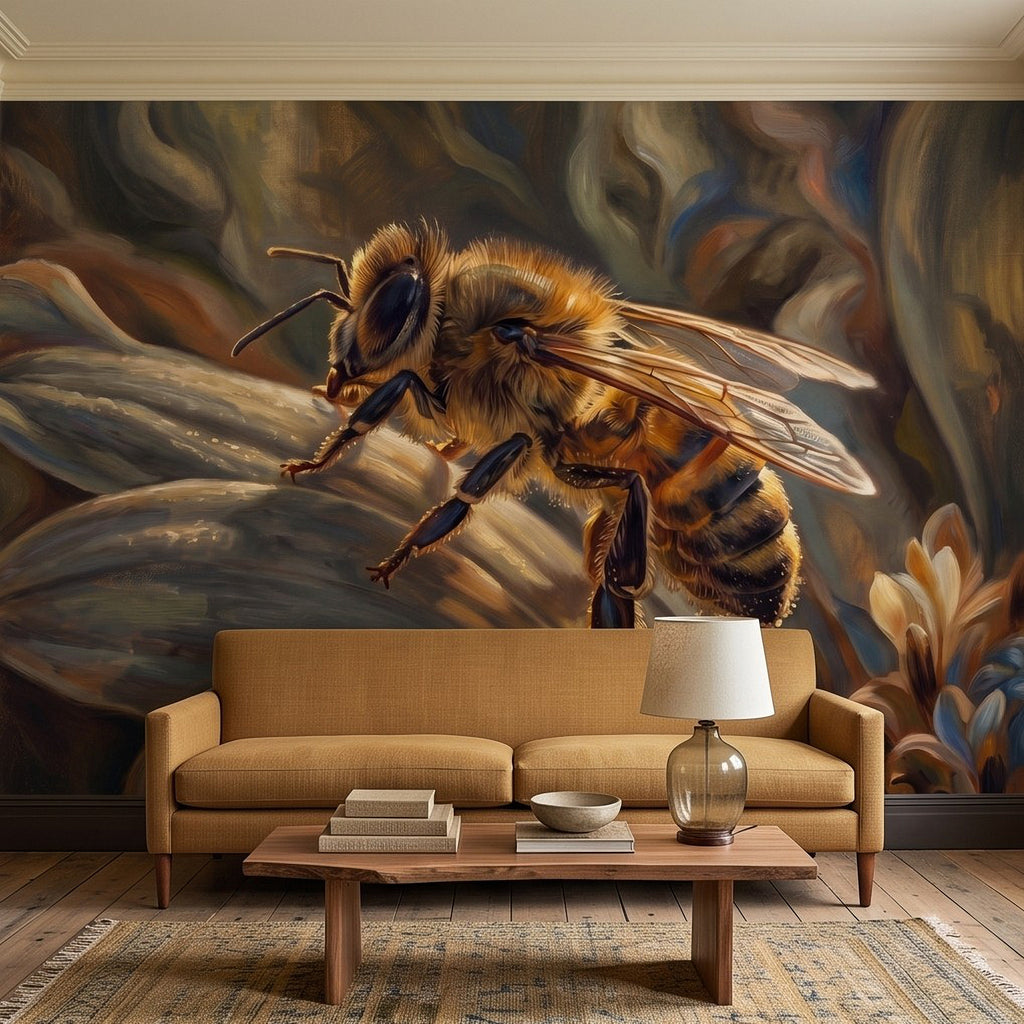 Close-up honey bee mural painting on a wall, detailed wings and amber fur.