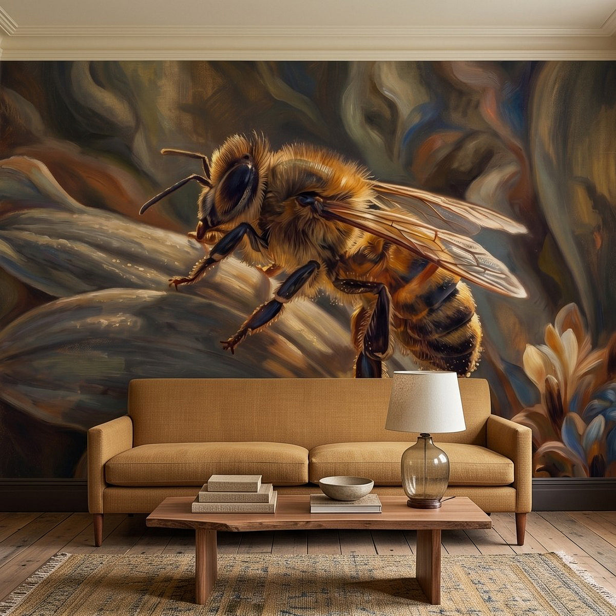 Close-up honey bee mural painting on a wall, detailed wings and amber fur.