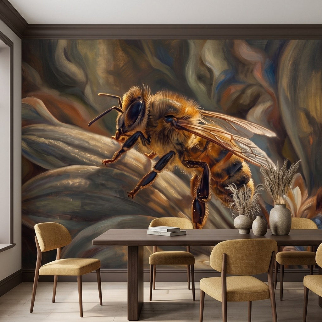 Honey bee botanical wall mural close-up of bee wings, legs, and striped abdomen