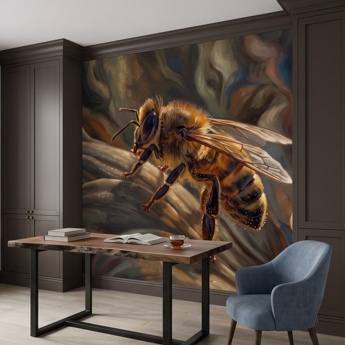 Honey bee botanical wall mural featuring a close, detailed insect illustration on wall