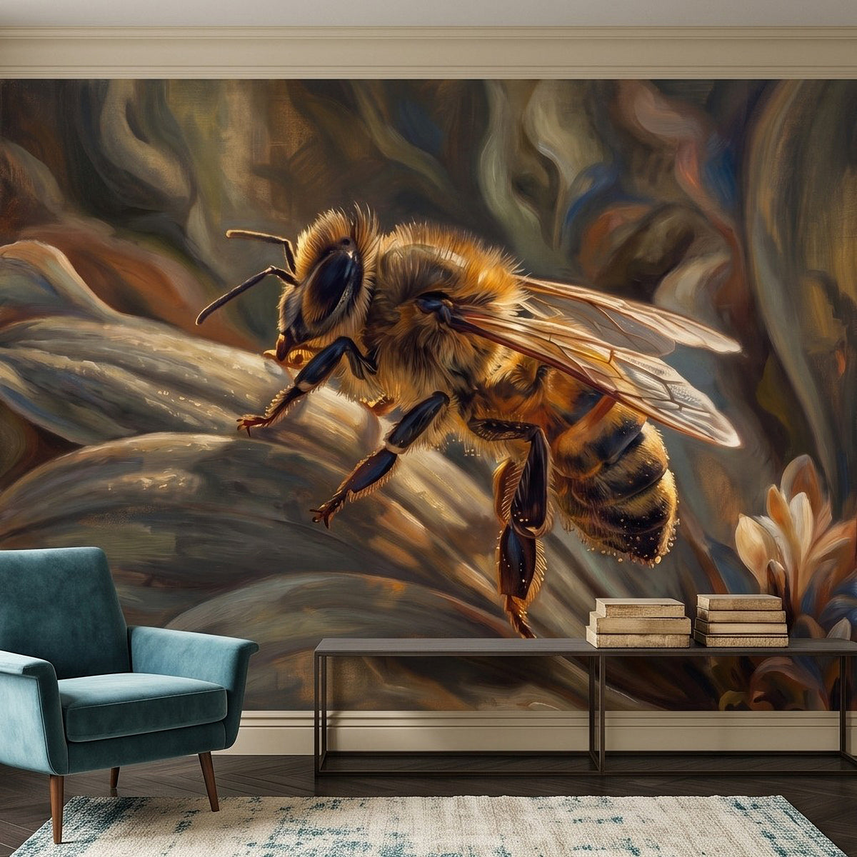Honey bee botanical wall mural with dynamic brushstrokes and intricate wing veins