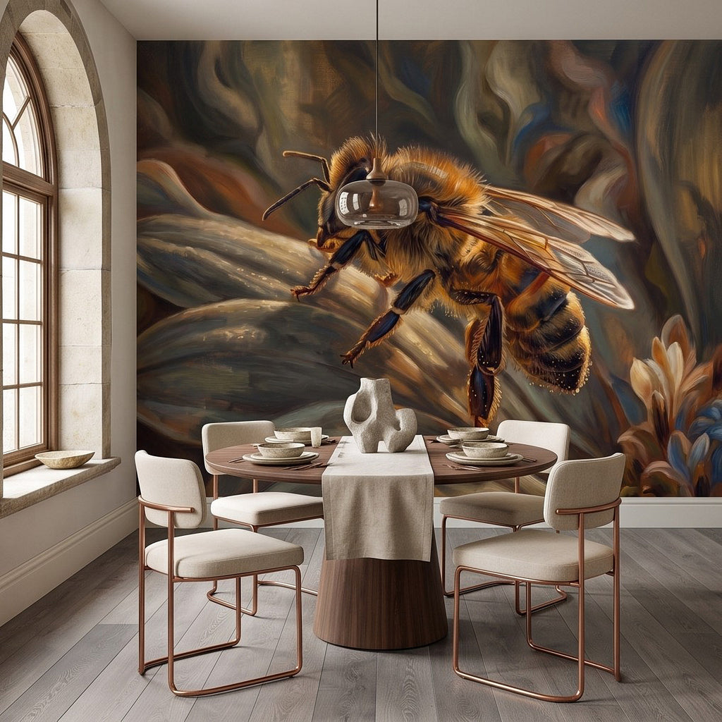 Honey bee botanical wall mural with detailed bee face, antennae, and pollen specks