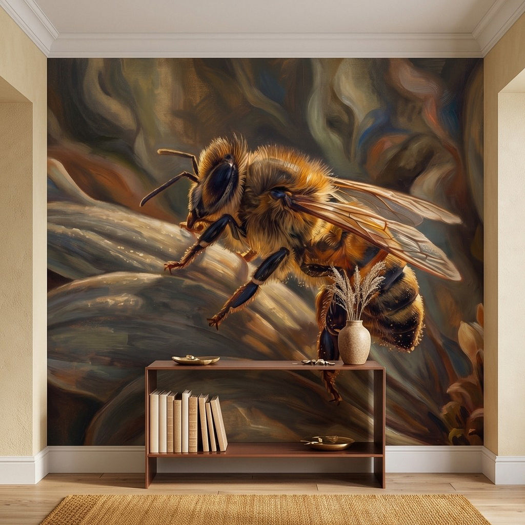 Honey bee botanical wall mural centered bee insect artwork with swirling background tones